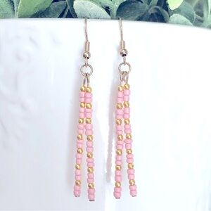 New Hand Beaded Dangling Earrings Rose Pastel Pink Golden Dainty Elegant Modern